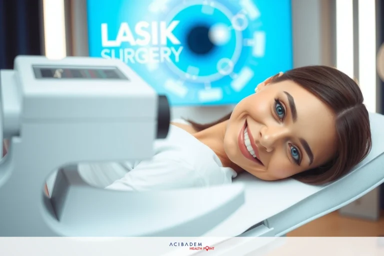 A woman smiling at the camera in a medical setting, likely receiving an eye examination or treatment from a laser. She is seated comfortably with her eyes closed behind protective shields.