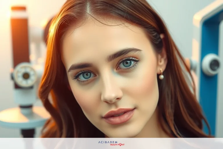 The image features a woman with blue eyes and red hair in the foreground, wearing makeup. She is looking to her right with a neutral expression.