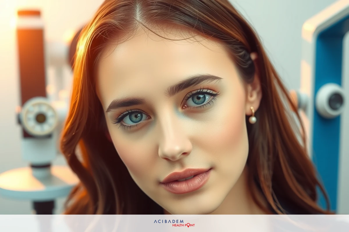 The image features a woman with blue eyes and red hair in the foreground, wearing makeup. She is looking to her right with a neutral expression.