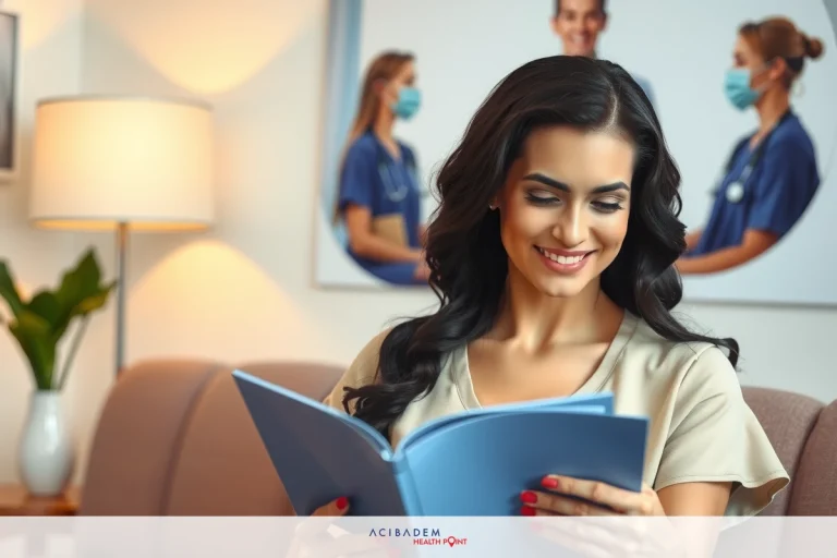 A woman in scrubs is reading from a blue notebook, possibly medical-related content. She is seated comfortably on a sofa, surrounded by home decor such as lamps and potted plants. Her expression is focused and she seems to be engaged with the material.