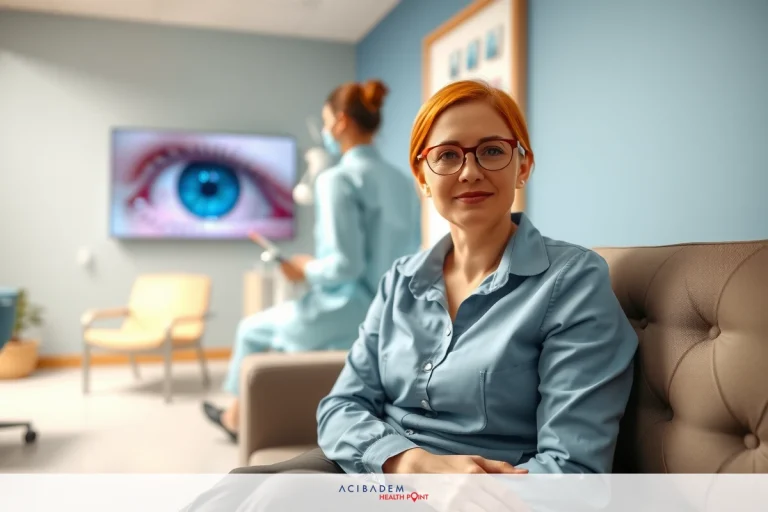 Does Having LASIK Eye Surgery Make Cataract Implants More Difficult? The image depicts a woman sitting in an office environment, possibly a doctor's office. The woman has red hair and is wearing glasses.