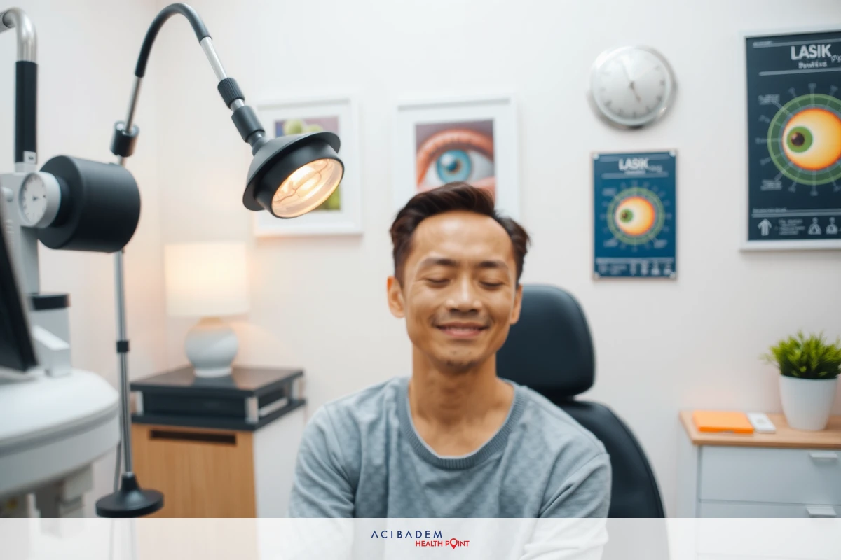 An interior view of an eye care clinic. A man in a grey shirt sits in the patient chair with his eyes closed, ready for a routine examination. The room is equipped with professional eye care equipment and educational posters about ocular health.