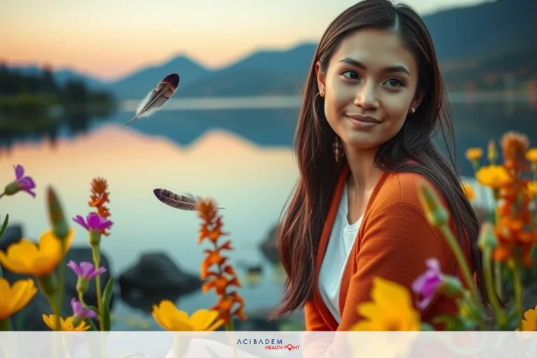 The image depicts a woman seated in front of a serene lake, surrounded by vibrant flowers. The scene suggests a peaceful, natural setting at sunset or sunrise due to the warm light and long shadows. The woman is dressed in casual attire and appears to be looking slightly away from the viewer with a gentle smile on her face.