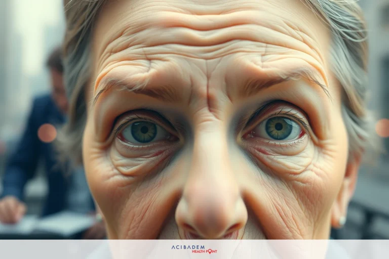 The image is a close-up of an elderly person with visible signs of ageing, including wrinkles and grey hair. The individual's expression seems neutral. There are no clear indicators of the environment or context due to the close-up nature of the shot.