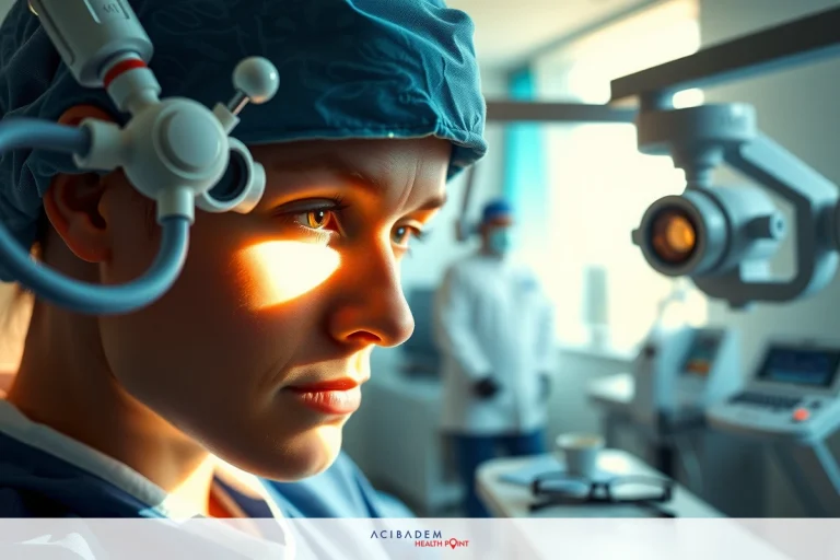 The image features a woman in a medical setting, dressed in surgical attire. She appears to be using specialized equipment and is focused on her task. The environment suggests a professional healthcare facility.