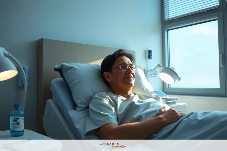 Does LASIK Dry Your Eyes? Man laying in hospital bed. He is wearing a white shirt, reading glasses and appears to be resting or recovering. The environment suggests a clinical setting with a view of the sky through an open window.