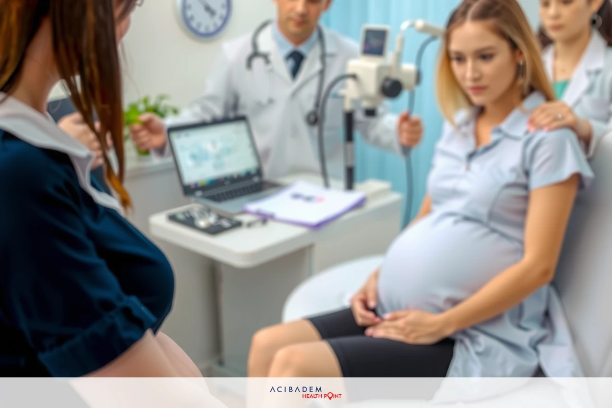 The image depicts a pregnant woman receiving medical care. Two medical professionals are attending to her; one appears to be taking her blood pressure while the other stands nearby, seemingly in charge of the examination.