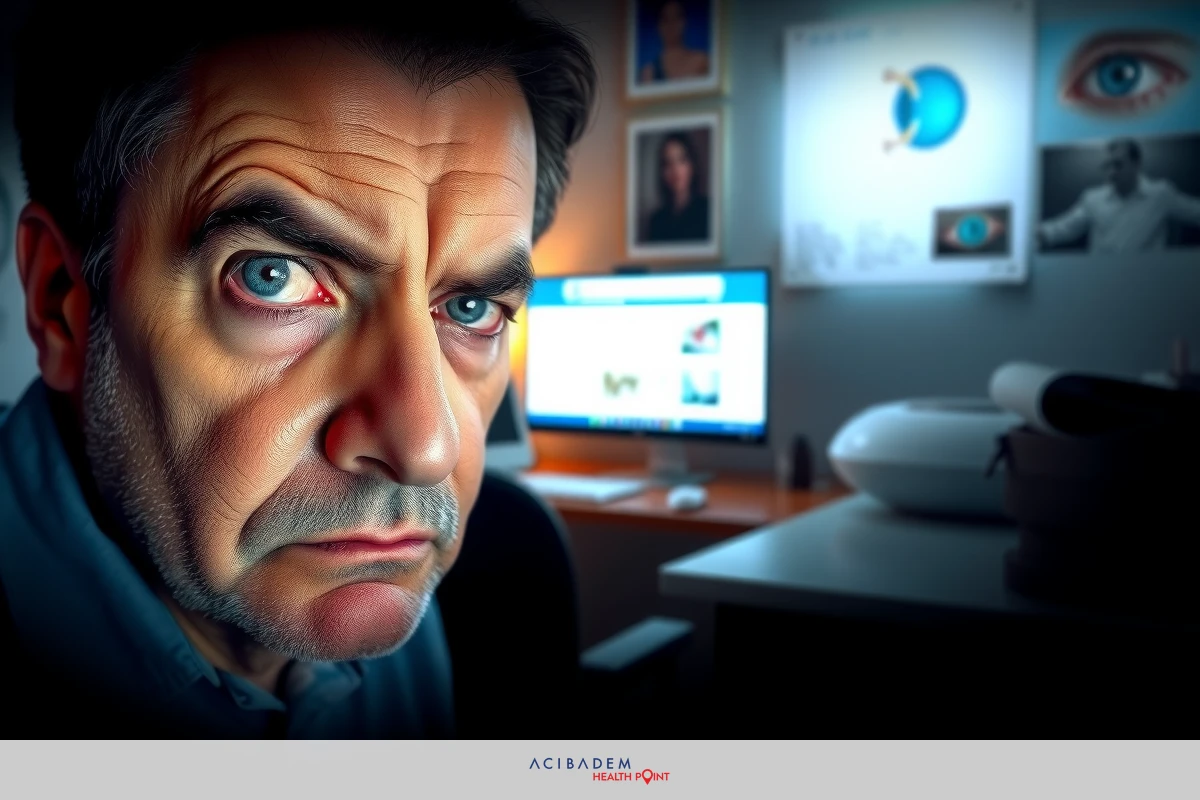 The image shows a man looking directly at the camera with an intense expression. He appears to be in an office setting, indicated by the computer monitor behind him displaying what seems to be financial data or charts.