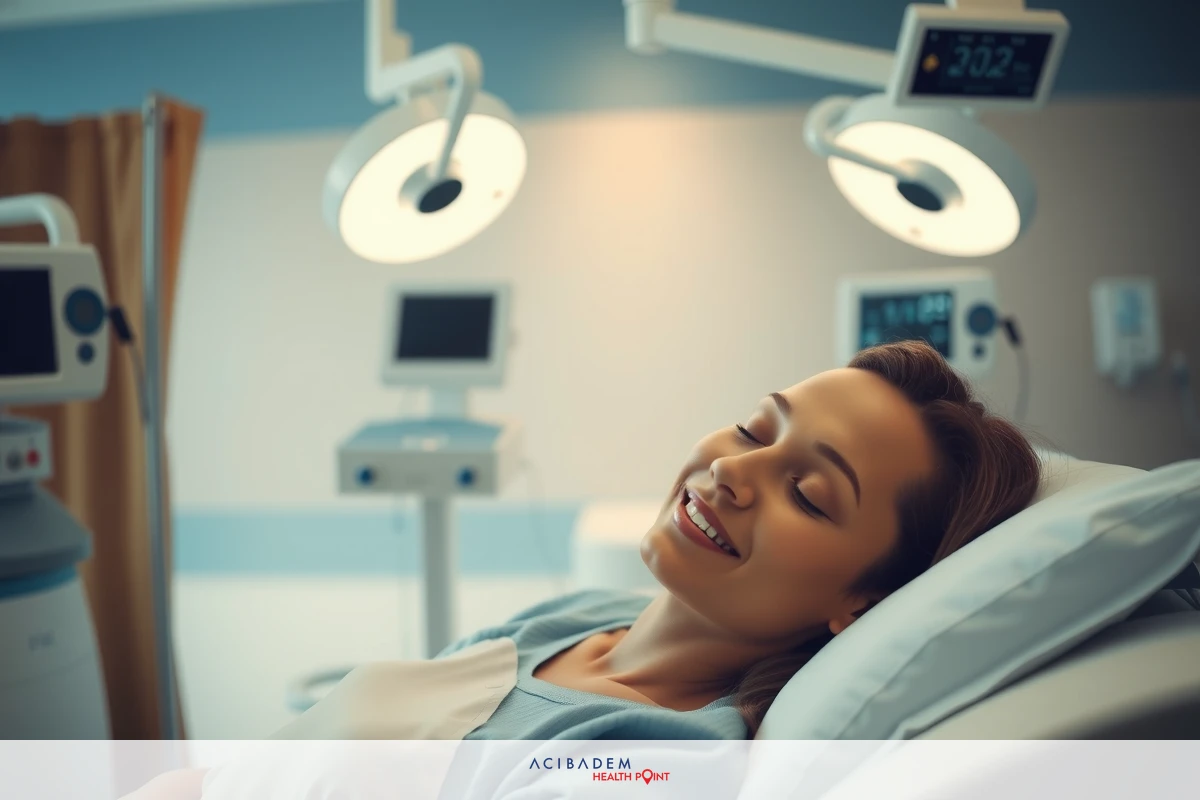 The image shows a woman lying in a hospital bed, seemingly asleep or resting. She is smiling slightly and appears relaxed. There are various medical equipment such as monitors around. The environment is well-lit and resembles a clean healthcare facility.