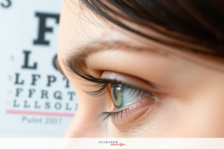 The image shows a close-up view of a person's eye looking into an eye examination chart, which includes text for reading distance and letters. The eyelashes are visible on the upper lid. The eye is in focus, and there appears to be some slight squinting or focus as if the individual is concentrating. The background is neutral, possibly a clinical setting.