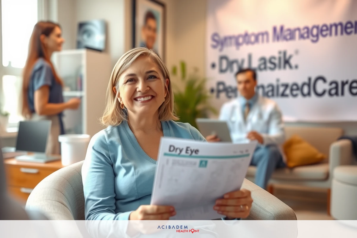 A woman sits in a meeting room, smiling while holding papers. She is wearing a blue top and surrounded by colleagues engaged in conversation. The environment suggests a professional setting with modern furniture.