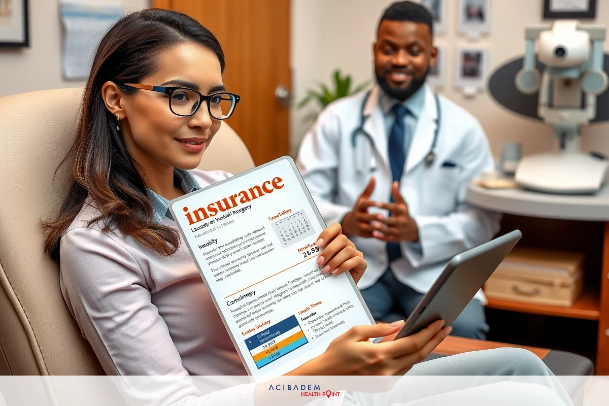 A doctor and an insurance agent discussing a document, with the agent holding an iPad displaying policy information.