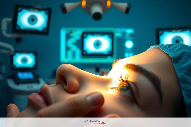 Woman in surgical gown having her eyes checked by a medical professional. The environment appears to be a modern medical or surgery center with advanced equipment visible.