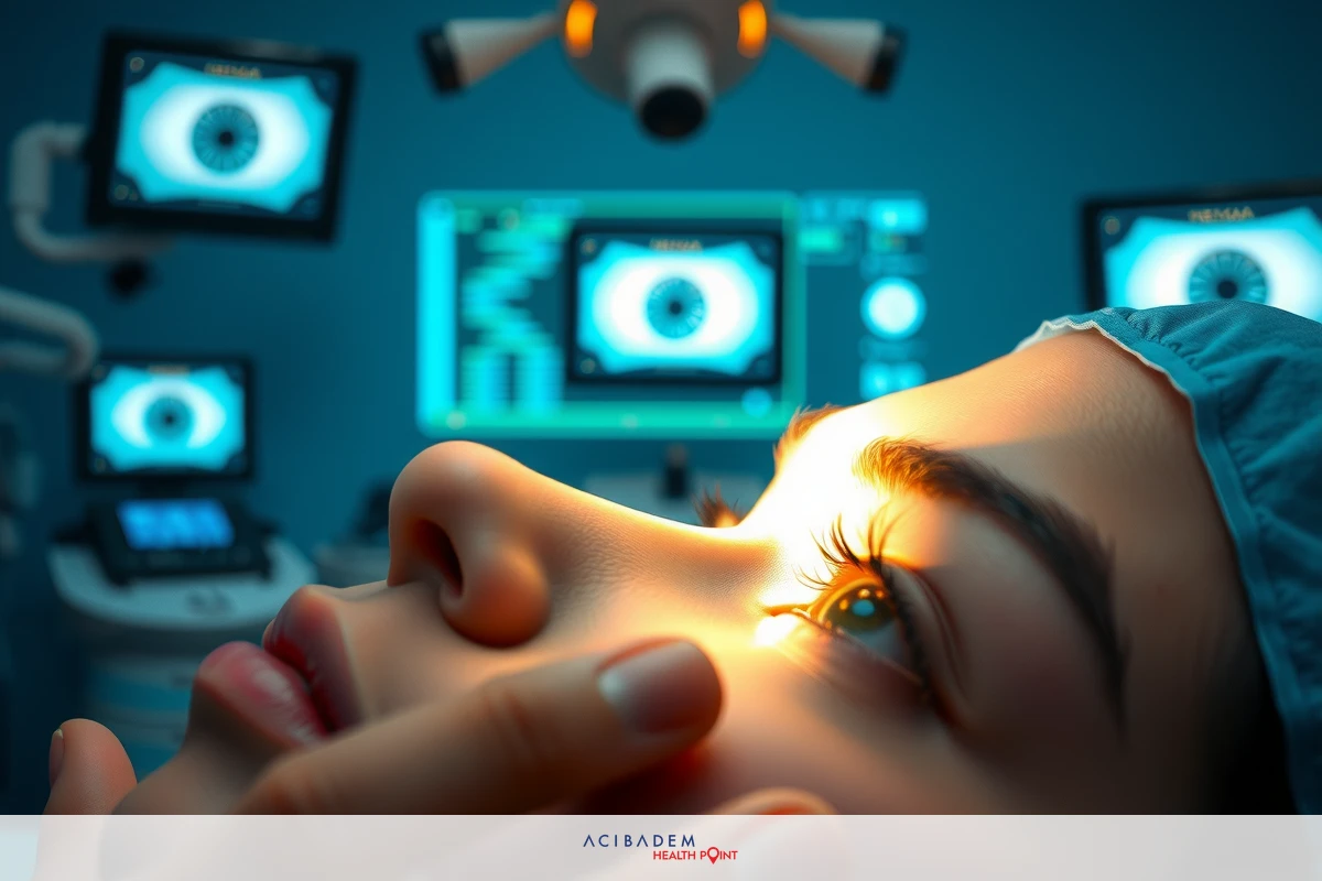 Woman in surgical gown having her eyes checked by a medical professional. The environment appears to be a modern medical or surgery center with advanced equipment visible.