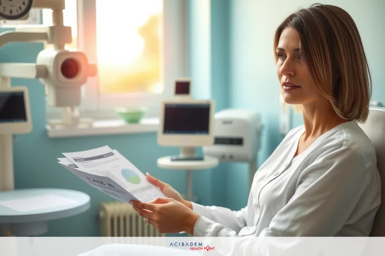 A female healthcare professional seated at a desk in an examination room, reading medical papers while the sunlight streams through the window.