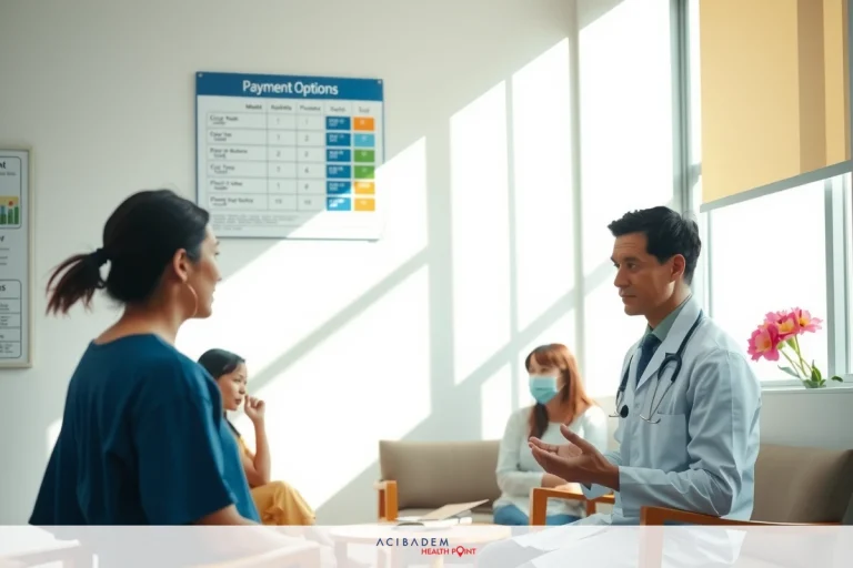 In the image, there is a man wearing a white doctor's coat sitting on a chair in an office. He appears to be engaged in conversation with a woman who is seated opposite him across from another chair. The office environment suggests a professional setting with sunlight streaming in through windows onto a counter and chairs.