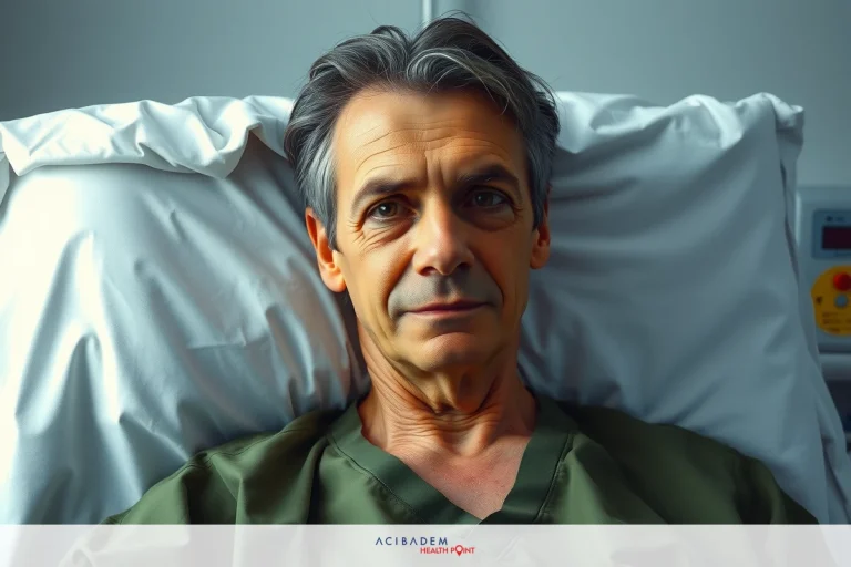 Man lying in a hospital bed, looking directly at the camera. He appears to be wearing green scrubs and is situated in an indoor setting with medical equipment visible behind him.
