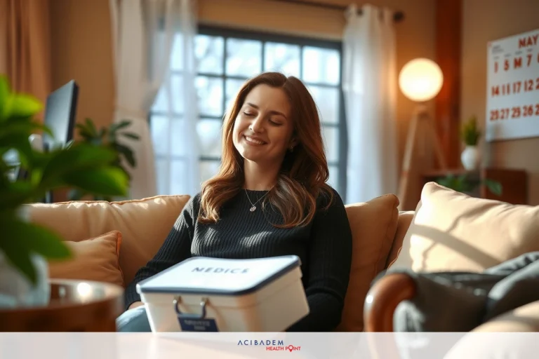 A woman smiling and looking at a box on her lap, sitting in a cozy room with a couch, plants, and a lamp. Her expression is one of joy and anticipation.