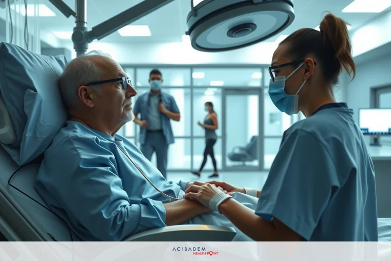 A hospital emergency room is depicted. A man in a blue lab coat is lying on a stretcher being attended to by medical staff. The staff include two nurses wearing surgical gowns and face masks. The room has a modern design with blue lighting and sterile surfaces.