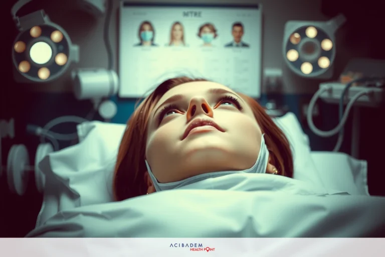 The image depicts a medical scene with a person lying on an operating table. The individual appears to be a woman wearing a surgical mask, suggesting that she is either undergoing or has just undergone surgery. The surrounding equipment includes what looks like monitors and medical devices typical of a hospital setting. The focus is on the person's face and upper body, while the background is out of focus with muted colors to draw attention to the subject.