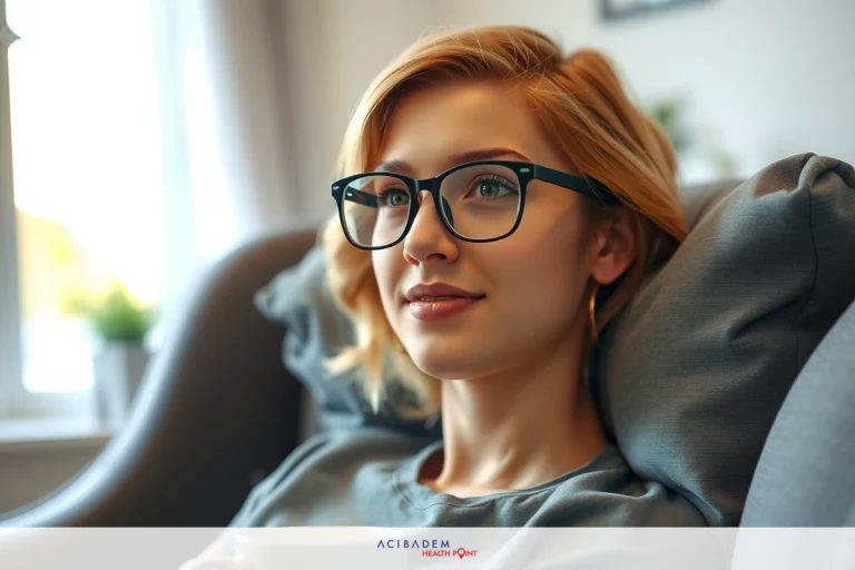 When to Wear Glasses After Rhinoplasty The image features a woman in glasses sitting on a couch, wearing a light-colored shirt and a grey sweater. She appears relaxed and is looking at something not visible in the photo.