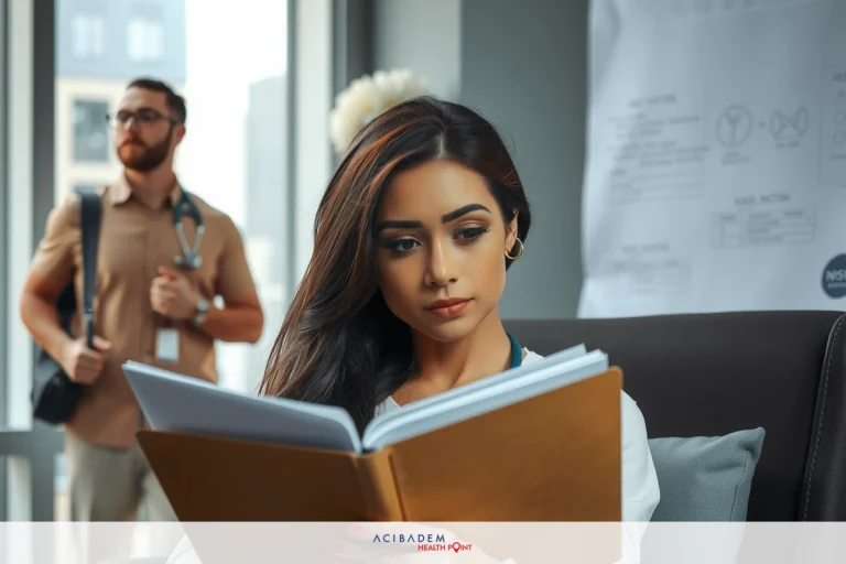 In an office environment, a woman is seated at a desk reading from what appears to be a textbook or binder. In the background, another person is standing and looking over, possibly observing her work.