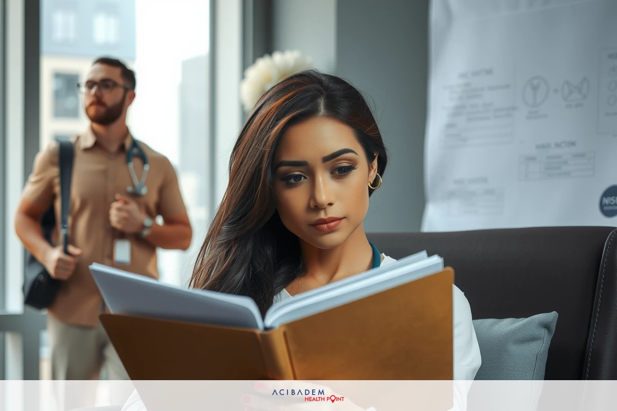 In an office environment, a woman is seated at a desk reading from what appears to be a textbook or binder. In the background, another person is standing and looking over, possibly observing her work.