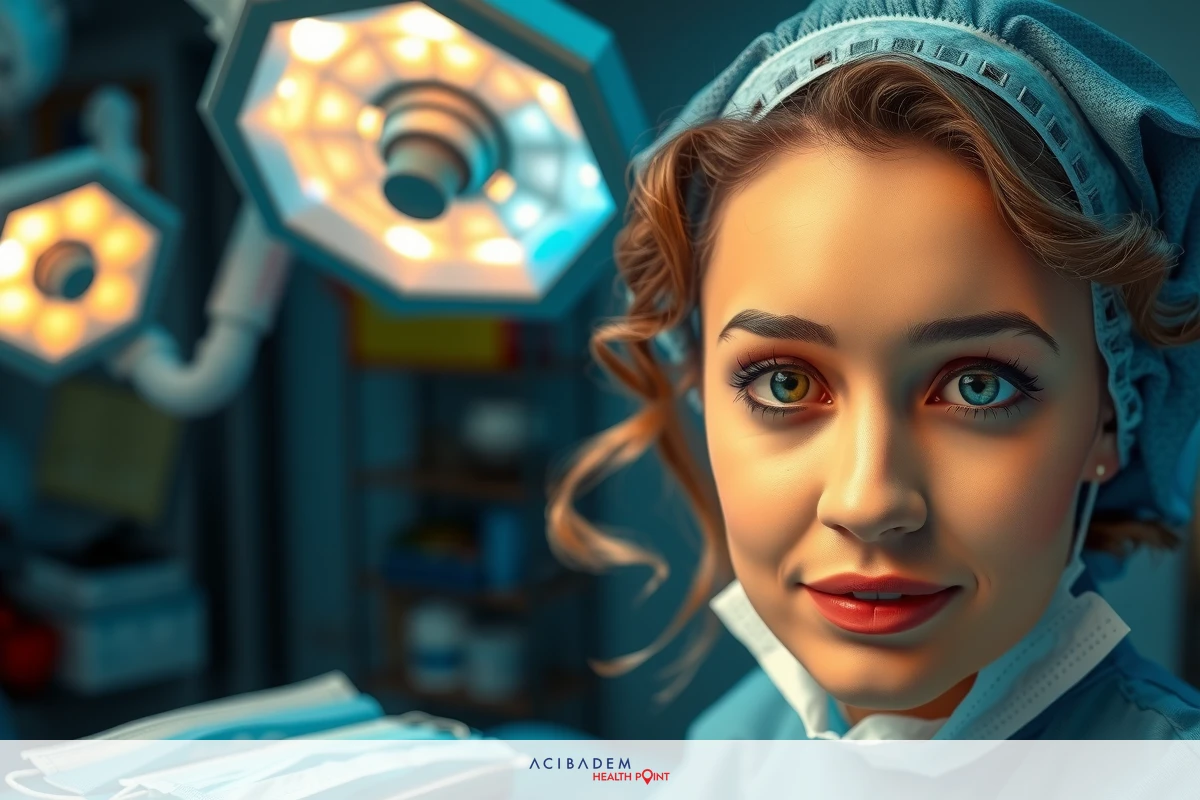 The image features a woman in a medical scrub and surgical mask, indicating that she is dressed as a surgeon or similar medical professional. She is standing in what appears to be an operating room setting, with a modern stainless steel table equipped for surgery.