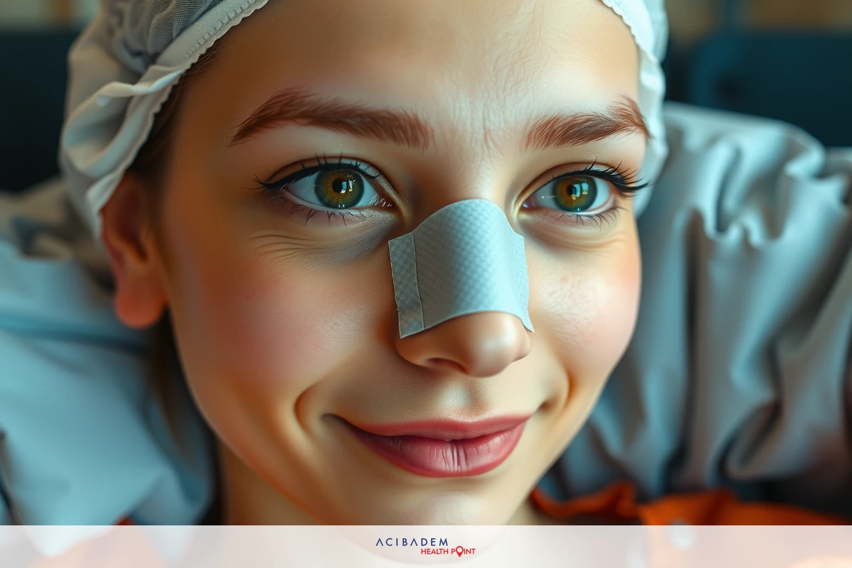 A woman in a hospital setting with her head resting on a pillow. She has bandages across the bridge of her nose and is smiling, suggesting she may have had surgery or an injury that required medical attention.