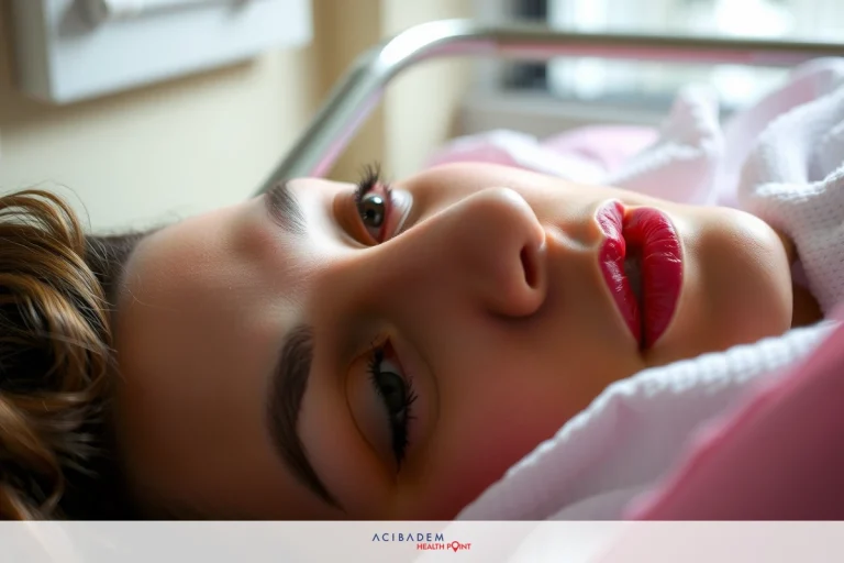 The image shows a person lying in what appears to be a hospital bed. The individual has makeup on, including lipstick and eyeliner, suggesting that they might be preparing for an event or simply enjoying their time in the bed. They are looking towards the left side of the frame with a contemplative expression. The color scheme is muted, with pinkish hues dominating the scene.