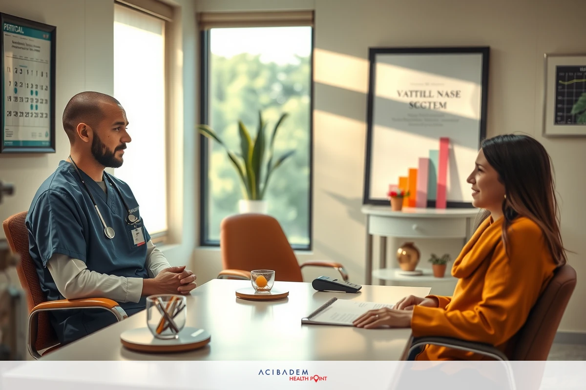 In this image, there is a professional setting where a man and a woman are engaged in a conversation. The man appears to be dressed in medical attire, suggesting he could be a doctor or healthcare worker, while the woman seems to be wearing business casual clothing, possibly indicating she is an executive or manager. They are seated at a table in an office environment. There's a potted plant and various items that indicate this is a workspace setting.