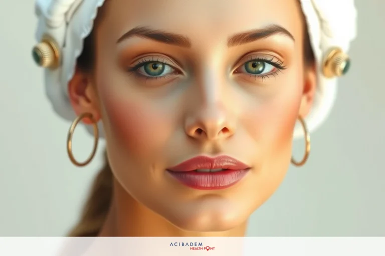 When Can I Get Facial After Rhinoplasty The image features a close-up of a woman's face with a focus on her makeup and attire. She has blonde hair, large blue eyes, and is wearing gold hoop earrings. Her lips are full and painted in red. The makeup includes defined eyebrows, lush eyelashes, and contoured cheeks giving her a youthful appearance. The woman appears to be looking directly at the camera.