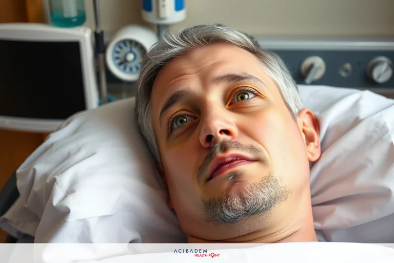 The image depicts a man lying in a hospital bed. He appears to be in some distress or discomfort, as indicated by his facial expression and body language. The environment suggests a medical setting with clinical equipment and monitoring devices, such as an ECG monitor visible in the background.