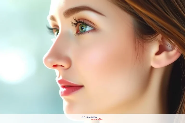 Close-up of a woman's face with neutral expression, focus on her nose and lips. Soft lighting accentuates her features.