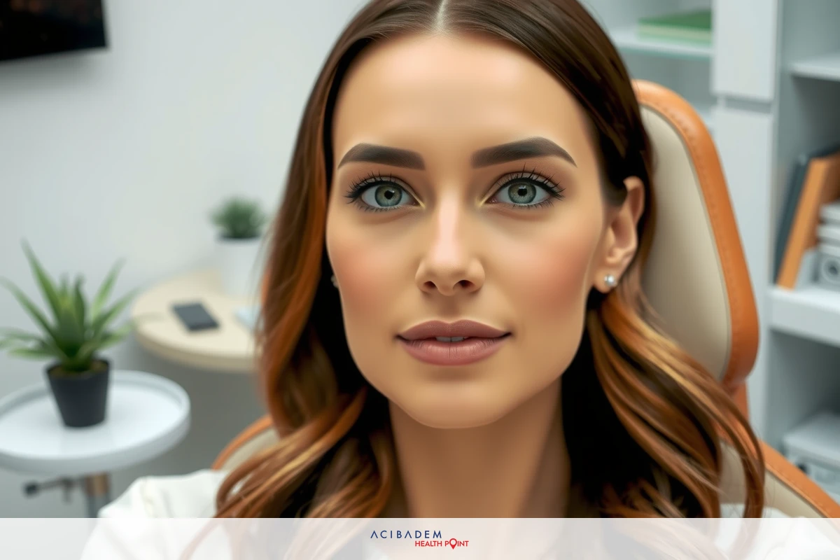 A woman with her eyes opened, likely in a medical setting based on the chair and environment. Her makeup is prominent, featuring dramatic eyeliner and lipstick. She has long hair styled in loose waves.