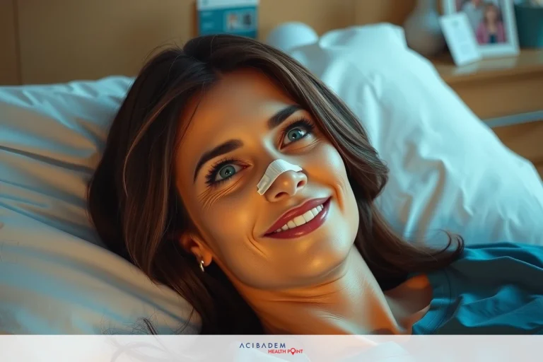 The image features a woman lying in bed, appearing to be relaxed. She has a bandage on her nose and is smiling at the camera, suggesting she might have had surgery or an injury that caused her temporary discomfort. The environment appears to be indoors, possibly in a hospital or home setting. The color palette is warm with soft lighting, creating a calm atmosphere.