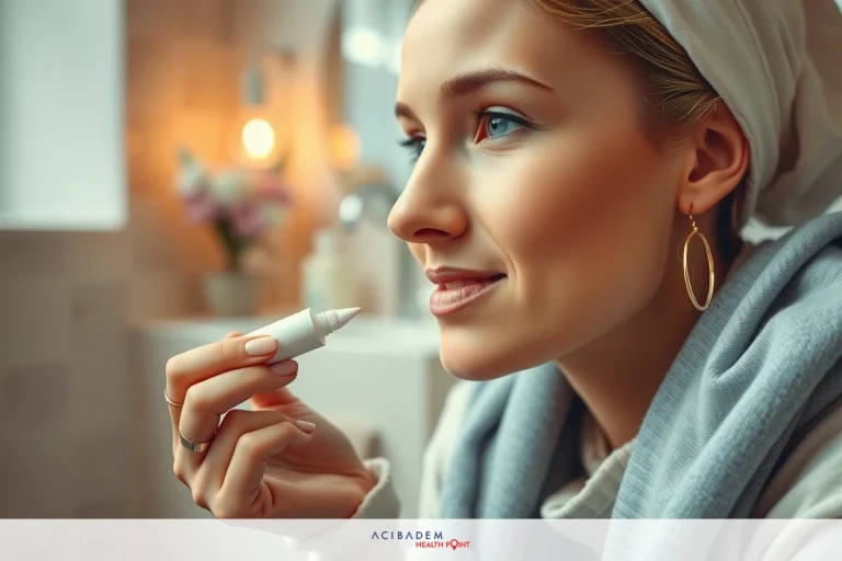 The image shows a woman applying vaseline to her nose. She is indoors, possibly in a bathroom or dressing area.