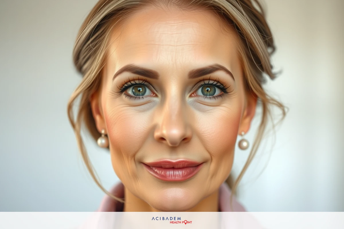 The image shows a close-up portrait of a woman's face. She has blonde hair and is wearing makeup, including nude lipstick. Her expression is neutral with her lips gently parted, revealing the teeth slightly. The background is muted and does not distract from the subject.