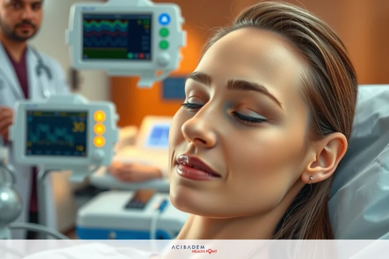 Medical scene with a woman lying in a hospital bed, being attended to by medical professionals. The environment is clinical and sterile.