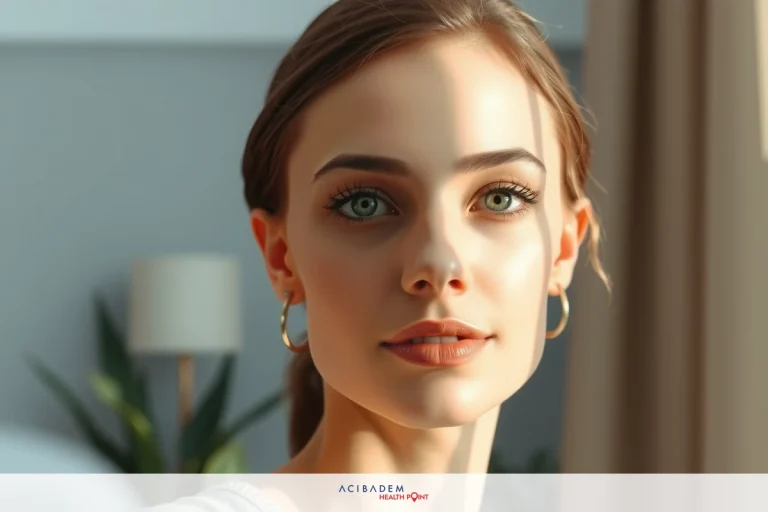 The image features a young woman with light skin, looking directly at the camera. She has long eyelashes and is wearing makeup that accentuates her eyes and lips. Her hair is styled up and she's wearing a pair of gold hoop earrings. The environment suggests an indoor setting, possibly a living room or bedroom, with soft lighting illuminating the scene.