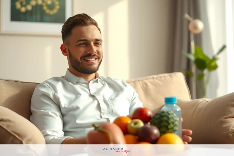 A young man smiling while sitting on a couch, surrounded by various fruits such as apples and oranges. He is wearing casual clothing and holding a bottle of water. The setting appears to be indoors, possibly in a living room, creating a relaxed atmosphere.