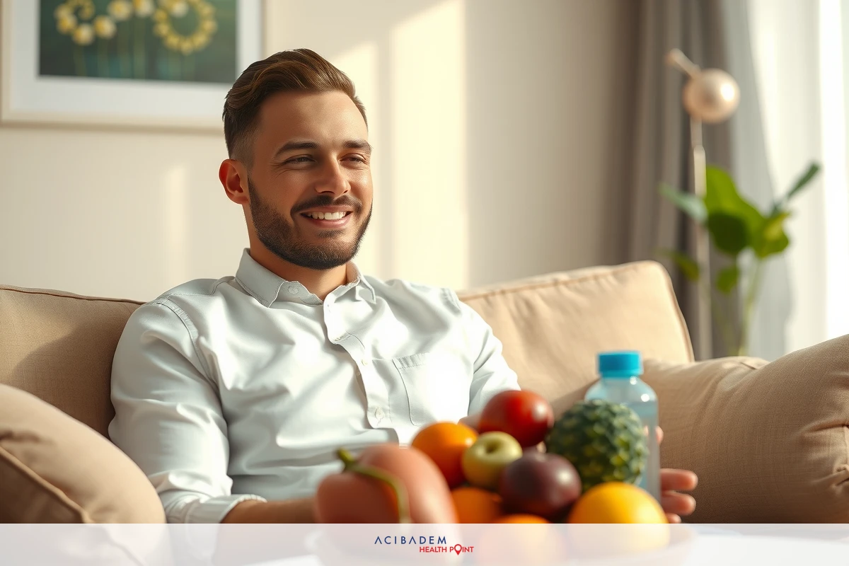 A young man smiling while sitting on a couch, surrounded by various fruits such as apples and oranges. He is wearing casual clothing and holding a bottle of water. The setting appears to be indoors, possibly in a living room, creating a relaxed atmosphere.