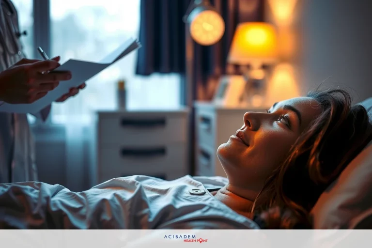 How Long After Rhinoplasty Can You Get Revision The image shows a woman lying in a hospital bed, possibly receiving medical attention. A professional, likely a doctor or nurse, stands at the end of the bed.