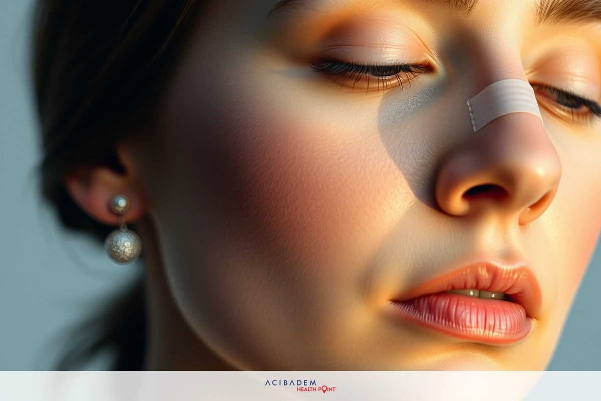 Close up of a young woman with her eyes closed, possibly indicating relaxation or deep thought. She has a band on her nose and an earring in her ear.