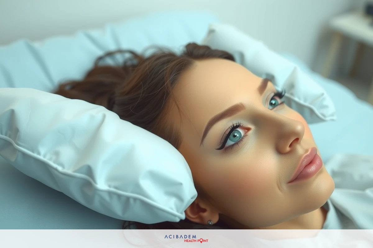 The image features a woman lying down with her head comfortably resting on a white pillow. She has a relaxed expression, suggesting a sense of ease and tranquility. Her hair is styled in loose waves, enhancing the overall serene mood of the scene. The environment appears to be indoors, possibly within a medical setting given the sterile nature of the room. The color scheme is soft and neutral, with shades of blue, gray, and white dominating the image.