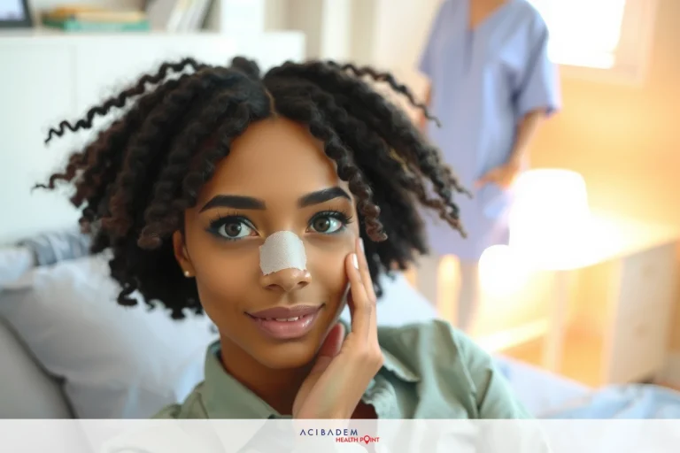 The image shows a person lying in bed, applying what appears to be a bandage or medical tape on their face. The individual is wearing makeup and has their hair styled. They are dressed in casual clothing. In the background, there's another person, partially visible, wearing scrubs, suggesting this might be a home setting during a time of injury or illness, possibly after an accident or medical procedure.