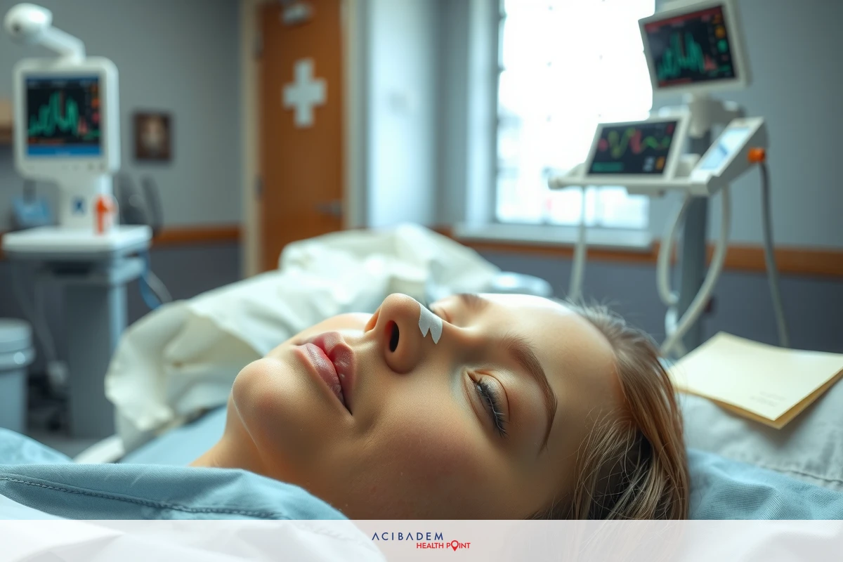 The image shows a woman in a hospital bed with her eyes closed. She appears to be relaxed and possibly sedated or resting during a medical procedure, given the medical equipment present. The environment suggests a clinical setting, likely a hospital ward or operating room, indicated by the presence of medical devices such as monitors, ventilators, and other diagnostic instruments.