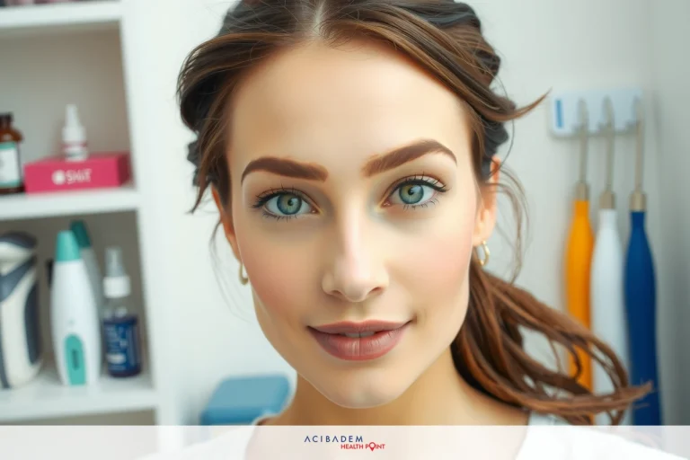 This image features a woman in her mid-20s with medium skin tone. She has large blue eyes, full lips, and is wearing makeup that enhances her facial features. The woman's hair is pulled back into a ponytail, and she appears to be looking directly at the camera. In the background, there are various items typically found in a bathroom or personal care area, including bottles labeled.