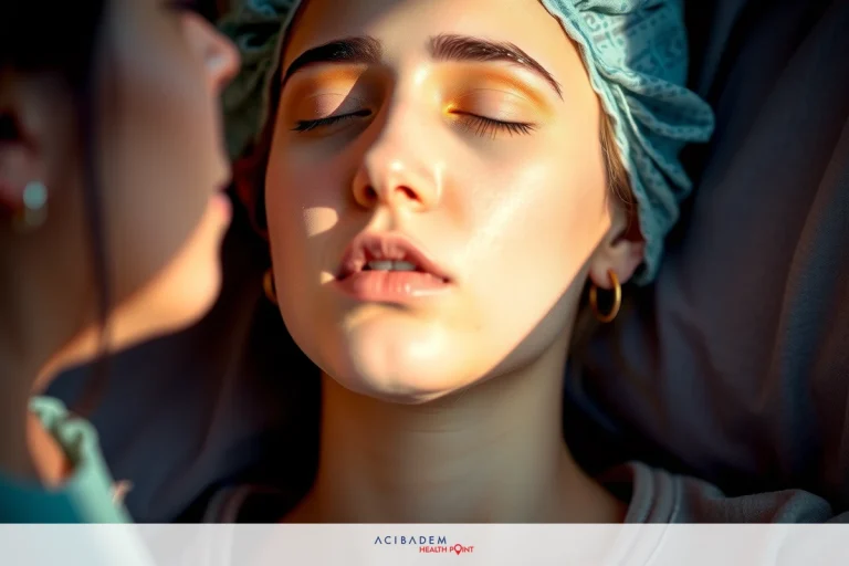 Two women in a clinical setting. One woman is lying on a bed with her eyes closed, possibly receiving medical attention or being in the middle of treatment. The other woman is standing beside her, facing her, and seems to be providing care or interaction.