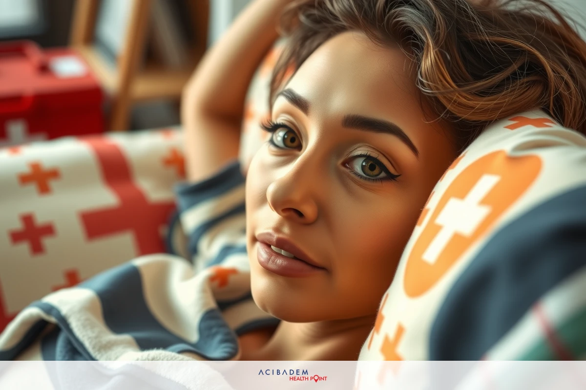 A woman lying on her back, resting her head on one arm, with a vibrant throw blanket in the background. She is gazing off to the side and appears relaxed.